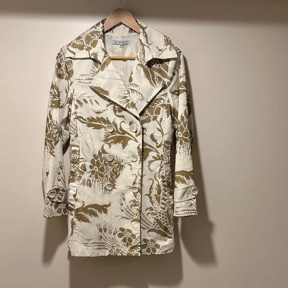 CAbi Cream and Brown Floral Trench Coat
